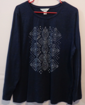 Ladies Top Blouse Tee CJ Banks 1X Navy Blue Jeweled Silver Rhinestone 97... - £19.95 GBP