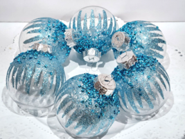 Christmas Coastal Frozen Blue Glitter Beaded Plastic Ornaments 4&quot; 6pc - $21.77