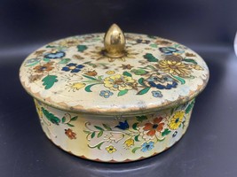 Vintage Holland Tin Lidded Container Multi-Color Floral Trinket Jewelry Holder  - £10.17 GBP
