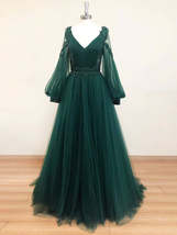 Green V Neck Lace A line Long Prom Dress,Tulle Evening Dresses Long Sleeve - £141.05 GBP