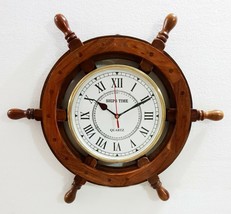 Antique Marine 18&quot; Wooden Ship Wheel Clock Nautical Wall Clock Home Decor - £69.32 GBP