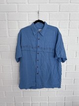 Vintage Quiksilver Hawaiin Shirt Button Up Medium Blue Palm Trees Wood Buttons - £18.44 GBP