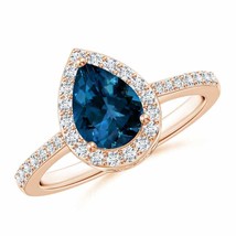 ANGARA Pear London Blue Topaz Ring with Diamond Halo for Women in 14K Solid Gold - £1,174.03 GBP