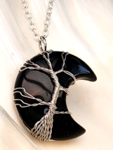 Tree of life Obsidian Moon Pendant 20&quot; Necklace Crescent Wire Wrapped Jewellery - £7.17 GBP