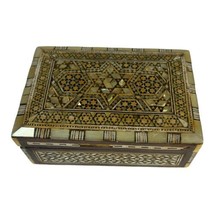 Inlaid Mosaic Box Mother of Pearl &amp; Bone Inlay Wood Box Red Velvet Liner 4.75&quot; - £28.80 GBP