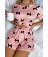 Pink Bow Printed Short 2pcs Lounge Set - $327.92 MXN