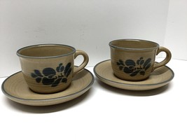 Pfaltzgraff Folk Art Cups and Saucers, Blue and Brown Lot of 2, 6 ounces MINT - £11.87 GBP