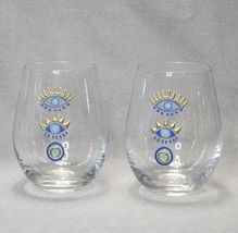 Evil Eye Stemless Wine Glass Blue Gold Enamel Barware Set of 2 Glasses Tumblers - £20.52 GBP