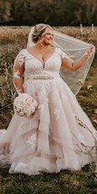Plus Size Tulle Wedding Dress Long Sleeves lace Appliques women Bridal G... - $188.00