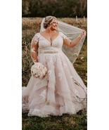 Plus Size Tulle Wedding Dress Long Sleeves lace Appliques women Bridal Gowns - $188.00
