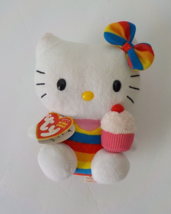 2011 Ty Beanie Babies Sanrio White Rainbow Stripe Hello Kitty w/ Muffin Plush 6" - $14.84