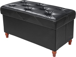 Glaxyfur 30 Inches Folding Storage Ottoman Bench Wooden Legs Foot Rest, Black - £51.95 GBP