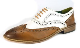 Oxford Two Tone Brown White Wing Tip Burnished Brogue Toe Leather Shoes US 7-16 - £109.26 GBP