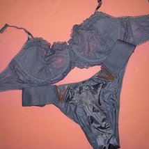 Victoria&#39;s Secret unlined 36C BRA SET M Brazilian Panty BLUE gray lace polka dot - £54.75 GBP