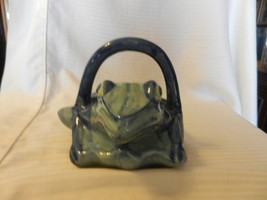 Blue Ceramic Sitting Frog Planter Figurine With Handle Unique Piece! - $47.50