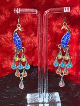 Vintage Peacock Earrings 3” Drop Multi Colored Great Sparkle French Hook - £9.05 GBP