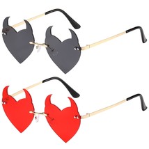 Horns Heart Shaped Sunglasses For Women Retro Colorful Rimless Gothic Halloween  - £32.06 GBP