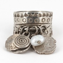 Retired Silpada Sterling Freshwater Pearl Stamped Coin Cha-Cha Ring R1902 Sz 7.5 - £62.90 GBP