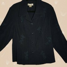 Dress Barn Navy Classic Suit Jacket Size 16 Front Embroidery Long Sleeve Button - £23.18 GBP