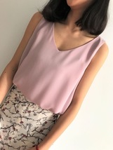 Pink V-Neck Sleeveless Chiffon Tops Outfit Summer Women Chiffon Tops Blouse image 1