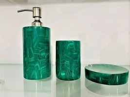 Malachite Gemstone Bathroom Set, Random Malachite Set Of 3 Pcs New Home Gift Dec - £154.31 GBP