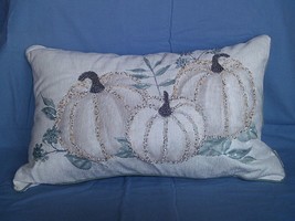 New Harvest Moon Beaded Sequin Soft Pumpkin Pillow Aqua White Silver Autumn Fall - £45.48 GBP