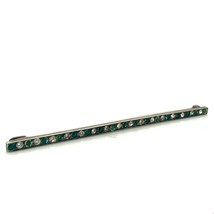 Antique Signed Sterling Art Deco Green White Rhinestone Long Bar Pin Brooch - £35.61 GBP