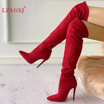 Fashion Elegant Zipper Long Boots Suede Red Sexy High Heels Pointed Toe Over The - £69.00 GBP