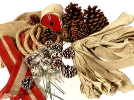 Burlap Pine Cone Holiday Craft Lot 2 8” Pine Cones 13 W Picks Ribbon 2 Bags + - £24.11 GBP