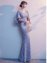 Women Maxi Sequin Dress Gowns Bat Sleeve High Waist Sequined Wedding Party Dress image 2