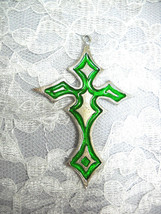 Gothic Medieval Cross Grass Green Inlay Usa Pewter Pendant On Adj Cord Necklace - £9.48 GBP