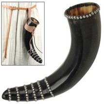 Norman Studded Viking Drinking Bovine Horn Mug With Brown Leather Holder - $21.77