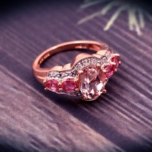 Unique design ring Pink Peach Morganite oval 9x7 mm with Natural pink sapphires  - £239.55 GBP