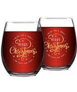 NEW In BOX Wish Merry Christmas &amp; Happy New Year Stemless Wine Glass Set... - $11.87