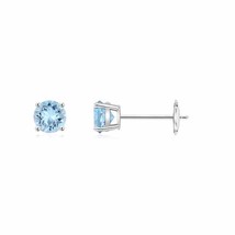Natural Aquamarine Round Solitaire Stud Earrings in 14K Gold (Grade-AAA, 4MM) - £310.53 GBP
