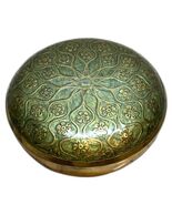Brass Enamel Round Trinket Jewelry Box Dish Green Shiny Heirloom Metal C... - $19.60