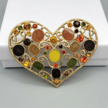 Vintage Filigree HEART Large Pin Brooch Gold Tone Multicolor Rhinestone Art - £13.51 GBP