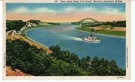 1958 Vintage view Cape Cod Canal MA Sagamore bridge boat Postcard - £3.94 GBP