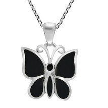 Carefree Mystique Butterfly Black Onyx Sterling Silver Pendant Necklace - £21.01 GBP