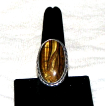 Vintage Natural Tigers Eye Gemstone Ring Sz 9, 925 Sterling Silver Deco Band - £25.12 GBP