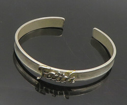 925 Sterling Silver - Vintage Shiny Faith Smooth Cuff Bracelet - BT7876 - £59.10 GBP