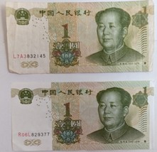 Two China 1 Yuan Zhongguo Renmin Yinhang 1999 Banknotes Mao Zedong - $2.99