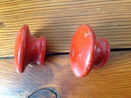 Lot Pair 2 Set Antique Vtg Red Painted Round Wood Knobs Drawer Cabinet P... - £47.17 GBP