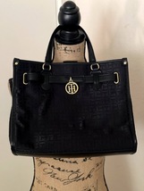 Tommy Hilfiger Black Monogram Signature Logo TH Shopper Tote Bag W/Gold ... - $23.23