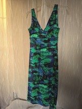 Willi Smith Dress Medium V Neck Stretch Black Green Cobalt Blue Paint Sp... - £19.57 GBP