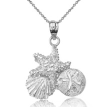 925 Sterling Silver Diamond Cut Starfish, Clam &amp; Sand Dollar Pendant Necklace - £30.65 GBP+
