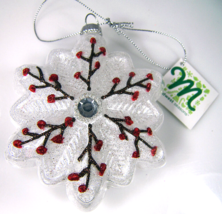 Snowflake Christmas Ornament White Red Rhinestone Midwest Season Canon F... - $14.50