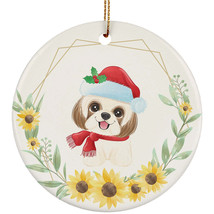 Cute Baby Shih Tzu Dog Lover Ornament Sunflower Wreath Xmas Gift Pine Tree Decor - £11.82 GBP