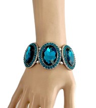 1.75 Wide Teal Blue Crystals  Evening Party Statement Bracelet Costume Jewelry - $29.45