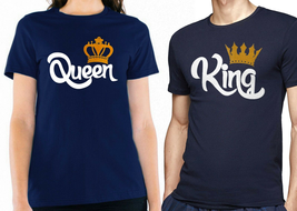 Nwt King Queen Gold Crown Couple Matching Valentine&#39;s Day Navy Crew Neck T-SHIRT - £11.35 GBP